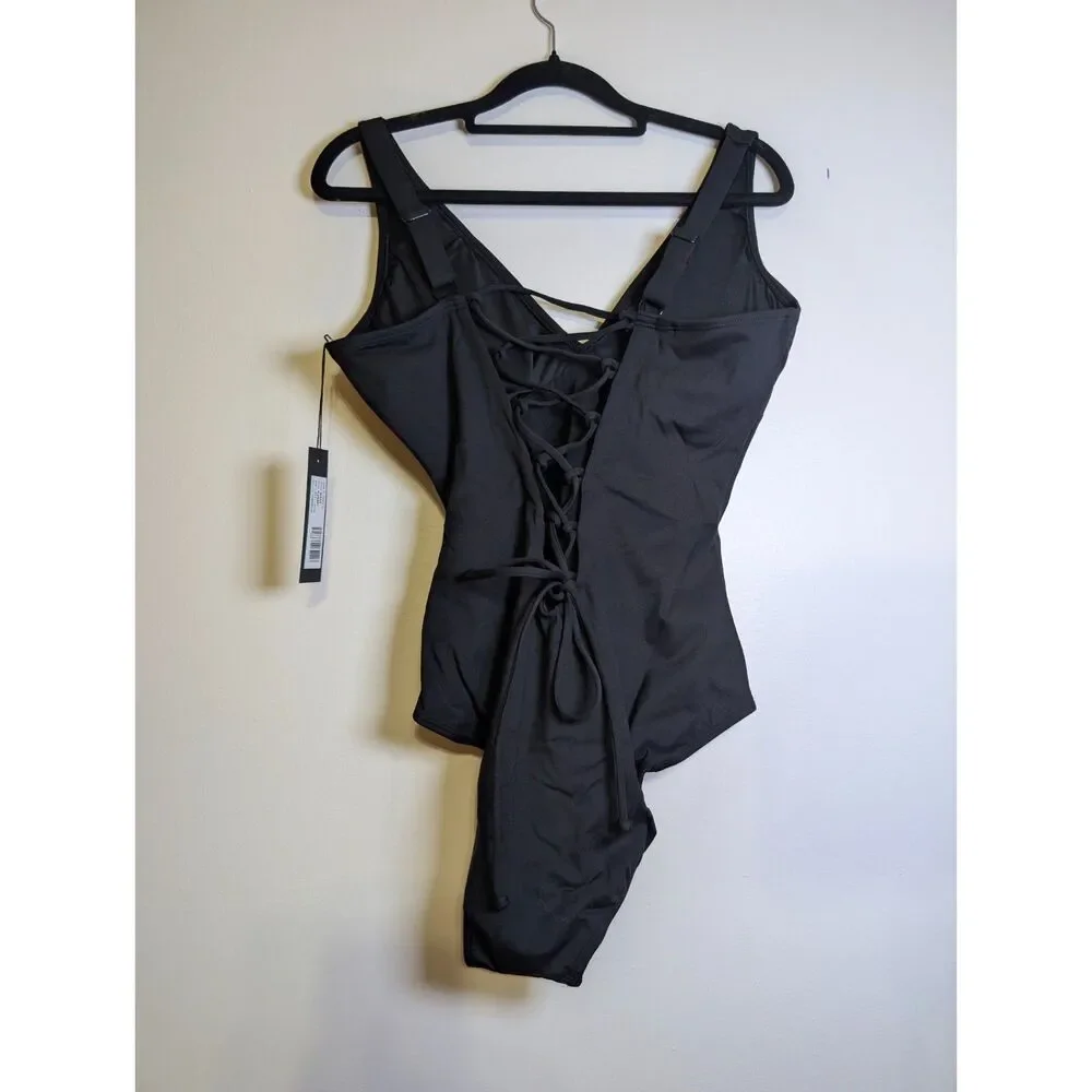 Black Corset Back Shaping Swimsuit Large TA3 Plungey One Piece REG/LONG NWT - Picture 6 of 7